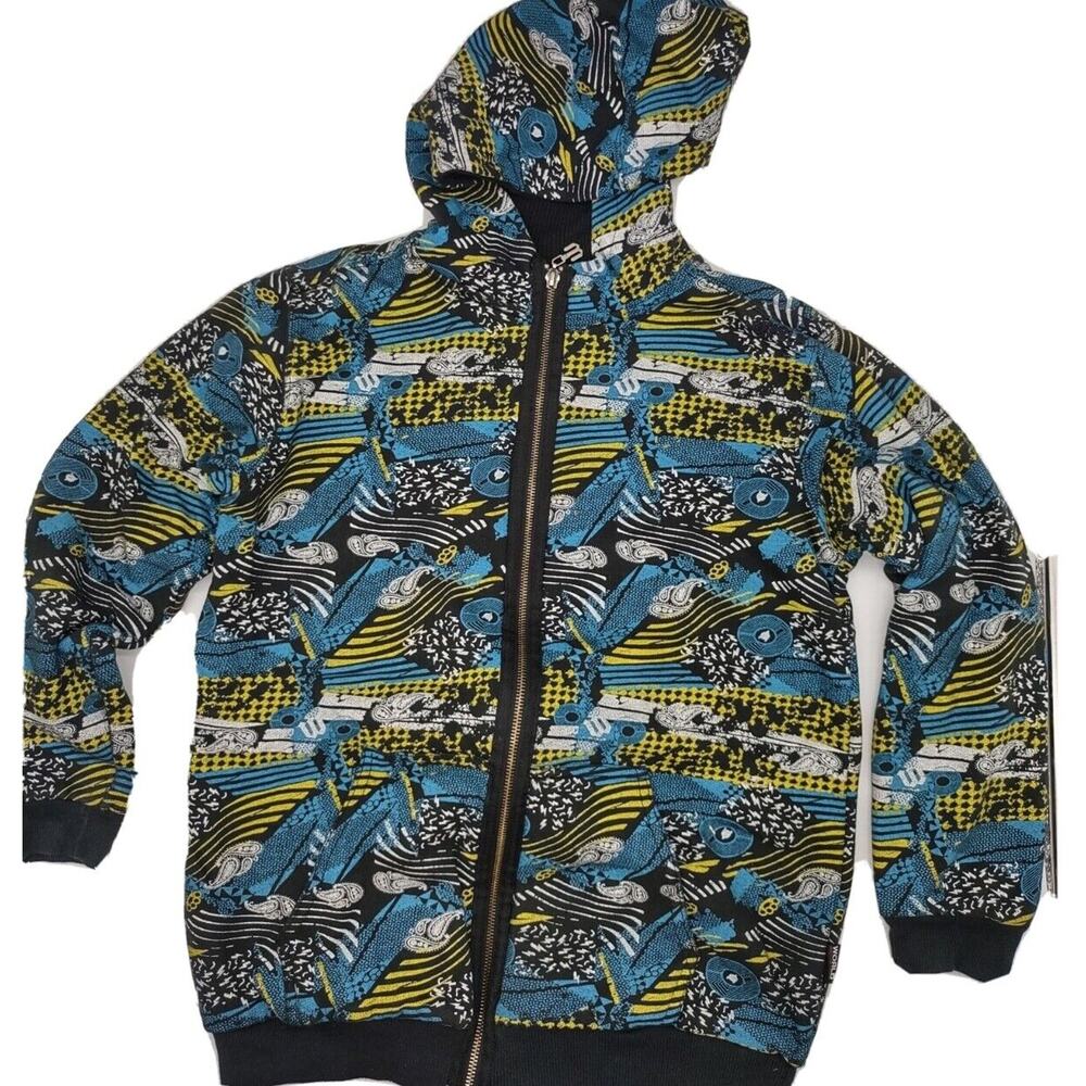 World Industries Zip Up Heavy Hoodie Jacket Abstract Print Size Medium Vintage